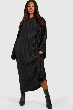 Smock Dresses|Long Sleeve Dresses*boohoo Plus Wide Plisse Midaxi Dress black