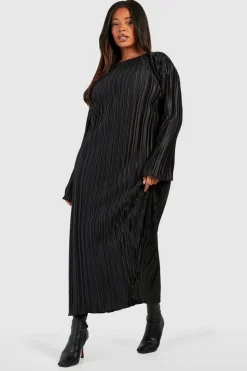 Smock Dresses|Long Sleeve Dresses*boohoo Plus Wide Plisse Midaxi Dress black