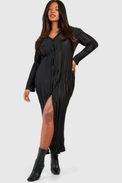 Shirt Dresses|Long Sleeve Dresses*boohoo Plus Wide Plisse Midaxi Shirt Dress black