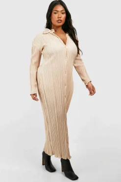 Shirt Dresses*boohoo Plus Wide Plisse Midaxi Shirt Dress champagne