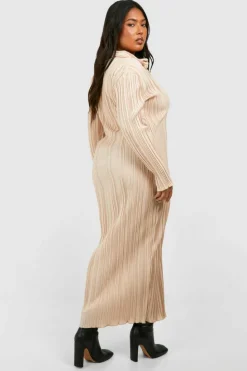 Shirt Dresses*boohoo Plus Wide Plisse Midaxi Shirt Dress champagne