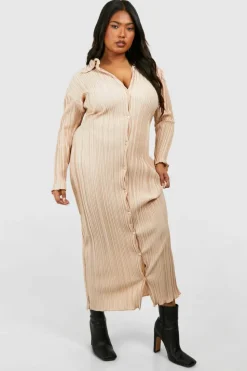 Shirt Dresses*boohoo Plus Wide Plisse Midaxi Shirt Dress champagne