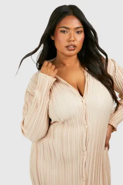 Shirt Dresses*boohoo Plus Wide Plisse Midaxi Shirt Dress champagne
