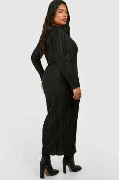 Shirt Dresses*boohoo Plus Wide Plisse Midaxi Shirt Dress black