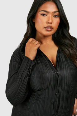Shirt Dresses*boohoo Plus Wide Plisse Midaxi Shirt Dress black