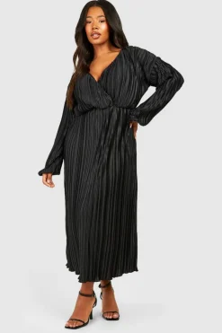 Smock Dresses|Wrap Dresses*boohoo Plus Wide Plisse Wrap Midaxi Dress black