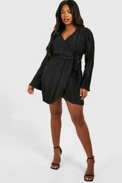 Shirt Dresses|Wrap Dresses*boohoo Plus Wide Plisse Wrap Shirt Dress black