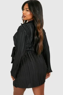 Shirt Dresses|Wrap Dresses*boohoo Plus Wide Plisse Wrap Shirt Dress black