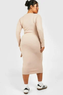 Midi Dresses*boohoo Plus Wide Rib Tie Midi Dress mocha