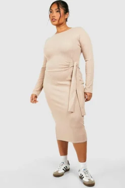 Midi Dresses*boohoo Plus Wide Rib Tie Midi Dress mocha