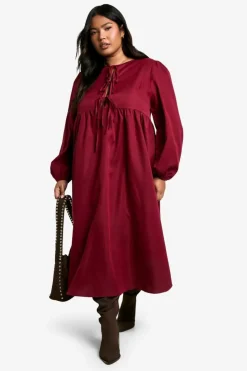 Smock Dresses|Midi Dresses*boohoo Plus Woven Tie Front Midi Smock Dress berry