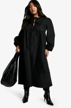 Smock Dresses|Midi Dresses*boohoo Plus Woven Tie Front Midi Smock Dress black