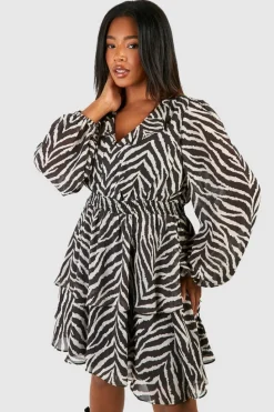 Skater Dresses|Mini Dresses*boohoo Plus Woven Animal Print Ruffle Skater Dress black