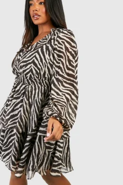 Skater Dresses|Mini Dresses*boohoo Plus Woven Animal Print Ruffle Skater Dress black