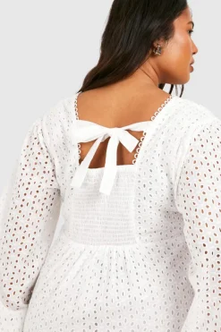 Smock Dresses*boohoo Plus Woven Broderie V Neck Long Sleeve Smock Dress white