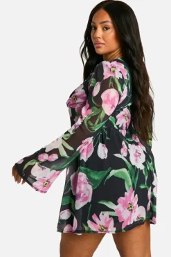 Skater Dresses*boohoo Plus Woven Chiffon Floral Milkmaid Skater Dress black
