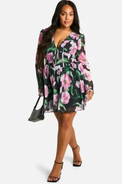 Skater Dresses*boohoo Plus Woven Chiffon Floral Milkmaid Skater Dress black