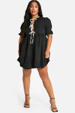 Smock Dresses*boohoo Plus Woven Contrast Tie Front Smock Dress black