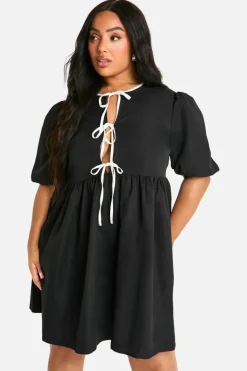 Smock Dresses*boohoo Plus Woven Contrast Tie Front Smock Dress black