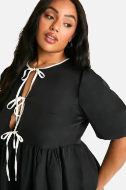 Smock Dresses*boohoo Plus Woven Contrast Tie Front Smock Dress black