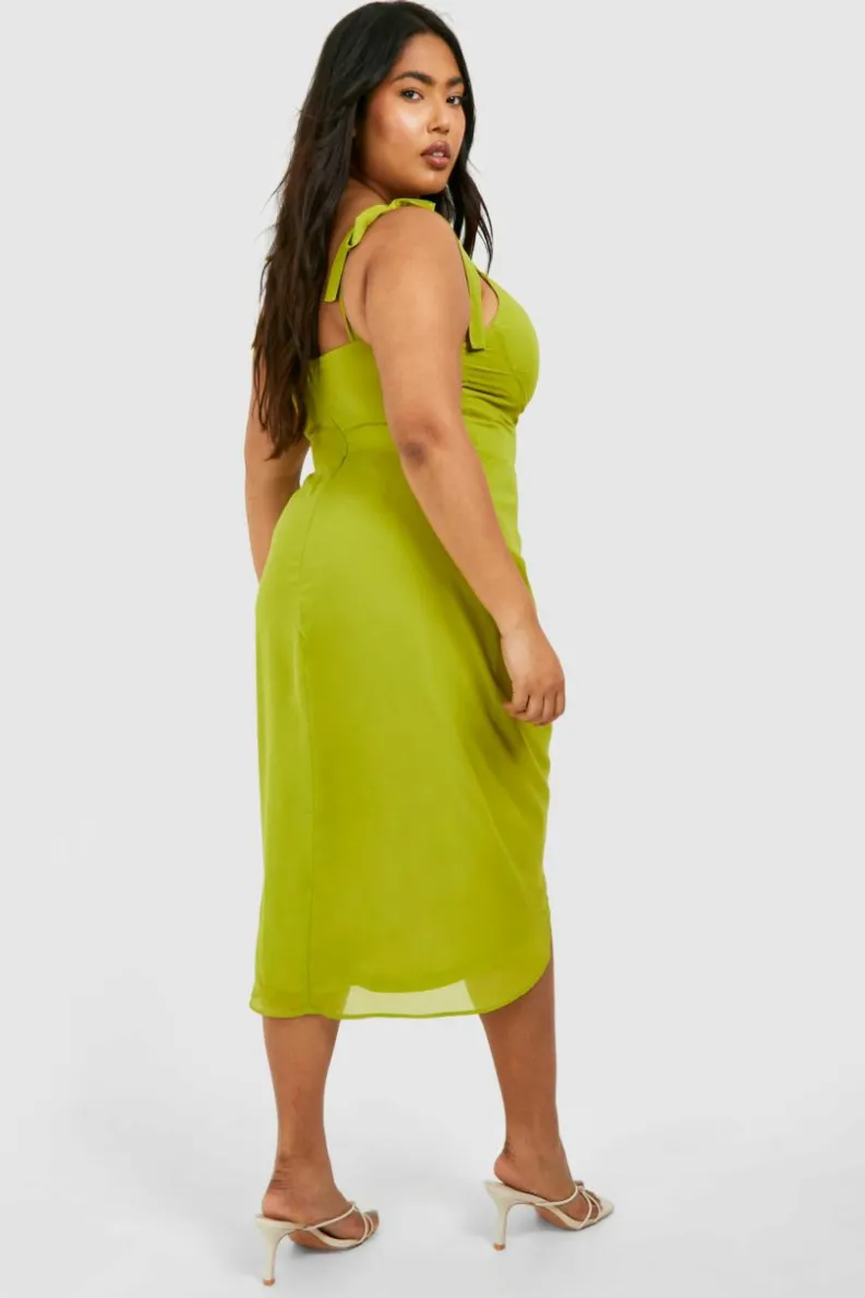 Midi Dresses*boohoo Plus Woven Corset Tie Shoulder Draped Midi Dress olive