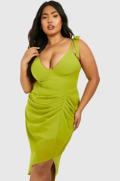 Midi Dresses*boohoo Plus Woven Corset Tie Shoulder Draped Midi Dress olive