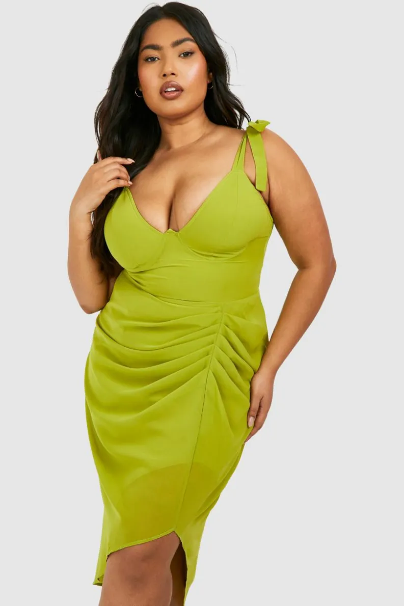 Midi Dresses*boohoo Plus Woven Corset Tie Shoulder Draped Midi Dress olive