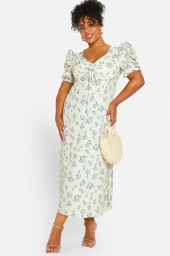 Skater Dresses*boohoo Plus Woven Ditsy Floral Ruched Milkmaid Dress lemon