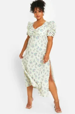 Skater Dresses*boohoo Plus Woven Ditsy Floral Ruched Milkmaid Dress lemon