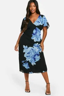 Skater Dresses*boohoo Plus Woven Floral Print Angel Sleeve Midaxi Dress black