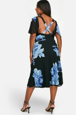 Skater Dresses*boohoo Plus Woven Floral Print Angel Sleeve Midaxi Dress black