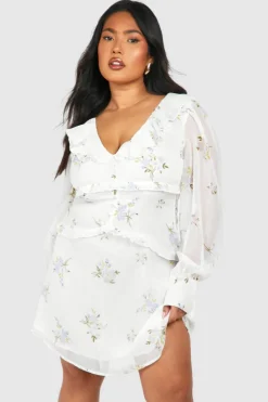 Skater Dresses*boohoo Plus Woven Floral Print Ruffle Detail Long Sleeve Mini Dress cream