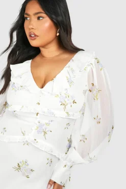 Skater Dresses*boohoo Plus Woven Floral Print Ruffle Detail Long Sleeve Mini Dress cream