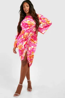 Midi Dresses*boohoo Plus Woven Floral Ruched Midi Dress pink