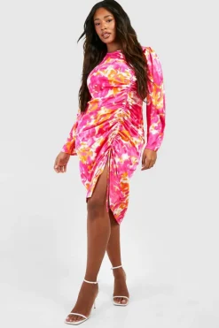 Midi Dresses*boohoo Plus Woven Floral Ruched Midi Dress pink