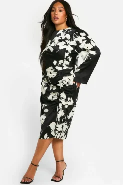 Midi Dresses*boohoo Plus Woven Floral Ruched Midi Dress black