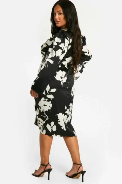 Midi Dresses*boohoo Plus Woven Floral Ruched Midi Dress black