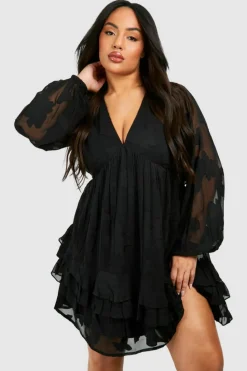 Smock Dresses*boohoo Plus Woven Jaquard Ruffle Hem Long Sleeve Mini Dress black