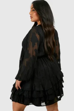 Smock Dresses*boohoo Plus Woven Jaquard Ruffle Hem Long Sleeve Mini Dress black