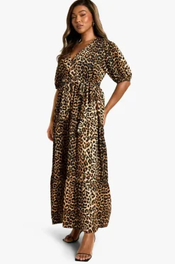 Smock Dresses|Wrap Dresses*boohoo Plus Woven Print Wrap Tiered Smock Dress leopard