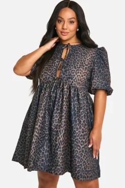 Smock Dresses|Mini Dresses*boohoo Plus Woven Tie Front Smock Dress leopard