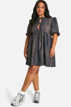 Smock Dresses|Mini Dresses*boohoo Plus Woven Tie Front Smock Dress leopard