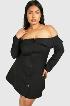 Skater Dresses*boohoo Plus Woven Off The Shoulder Mini Dress black