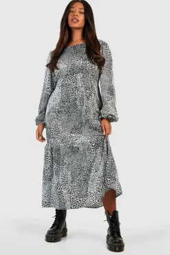 Smock Dresses*boohoo Plus Woven Printed Lone Sleeve Satin Dress black