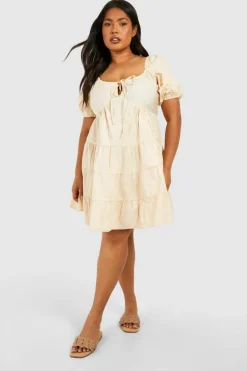 Smock Dresses*boohoo Plus Woven Puff Sleeve Tiered Mini Smock Dress stone