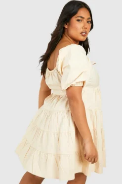 Smock Dresses*boohoo Plus Woven Puff Sleeve Tiered Mini Smock Dress stone