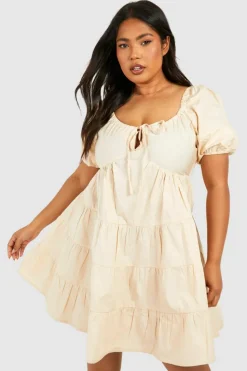 Smock Dresses*boohoo Plus Woven Puff Sleeve Tiered Mini Smock Dress stone