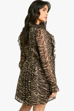 Smock Dresses*boohoo Plus Woven Ruffle Animal Print Smock Dress brown
