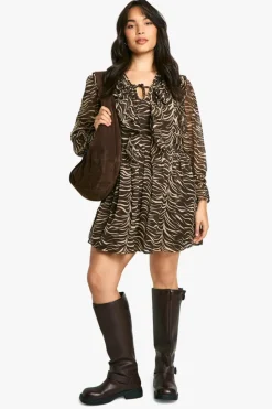 Smock Dresses*boohoo Plus Woven Ruffle Animal Print Smock Dress brown