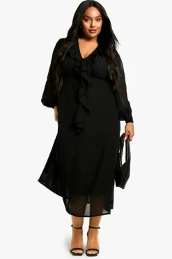 Smock Dresses*boohoo Plus Woven Ruffle Midaxi Smock Dress black